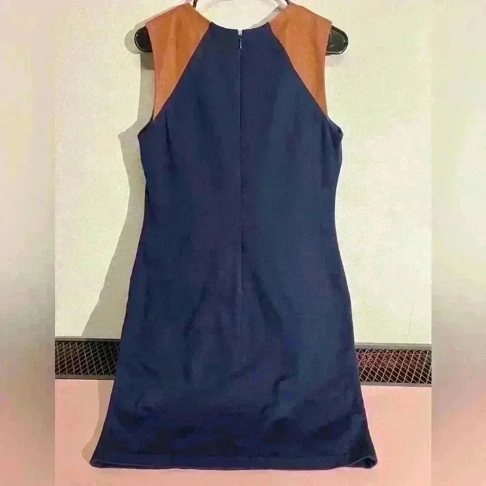 LAUREN Ralph Lauren Size‎ 10 Navy Blue Sheath Dress with Brown Leather Shoulders